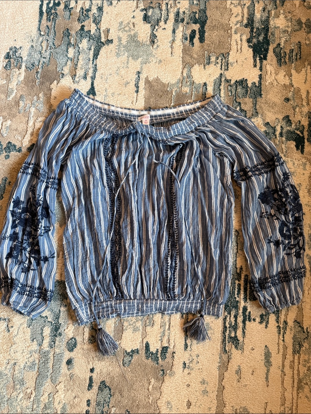 Xhilaration Blue and White Striped Off-Shoulder Blouse with Tassels